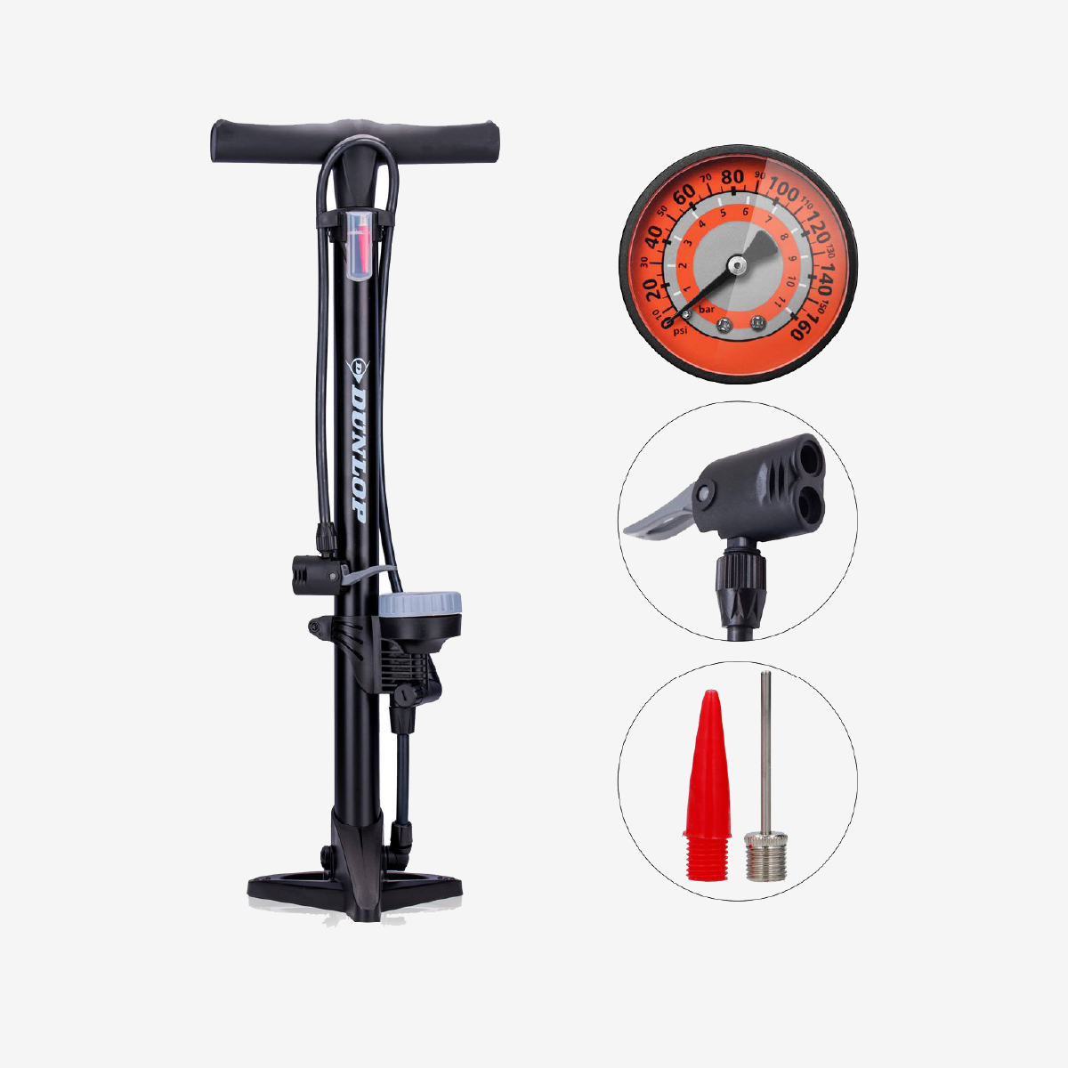 Dunlop Staande Fietspomp - Analoge Drukmeter - Dubbele Ventielkop - Handpomp