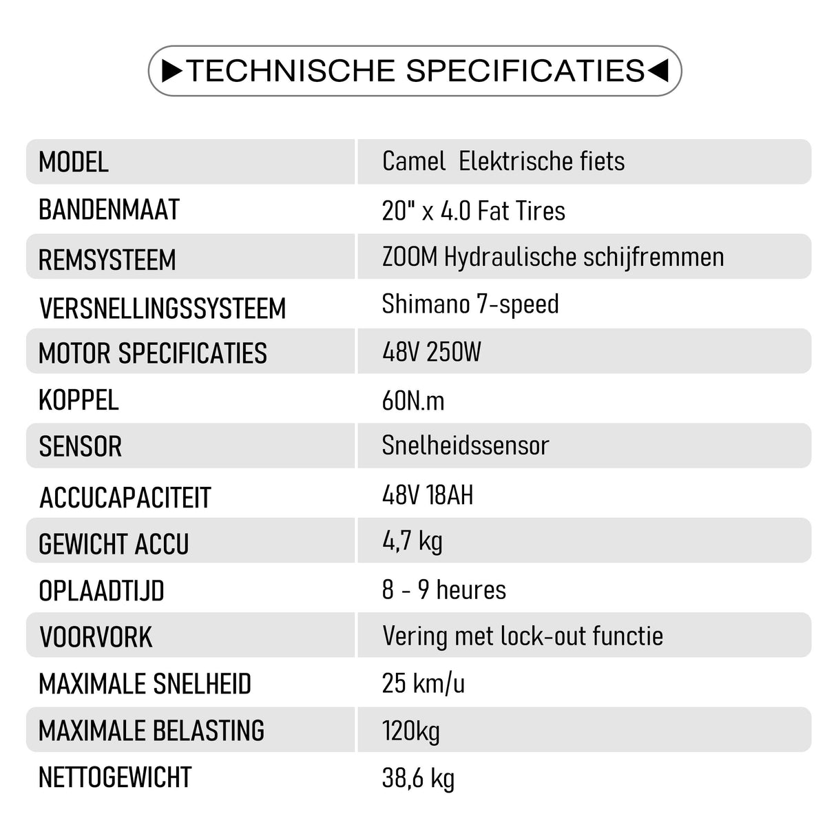 Vélo électrique Maxtron Camel Pneus larges 20*4.0 pouces 250W Batterie 48V 18Ah